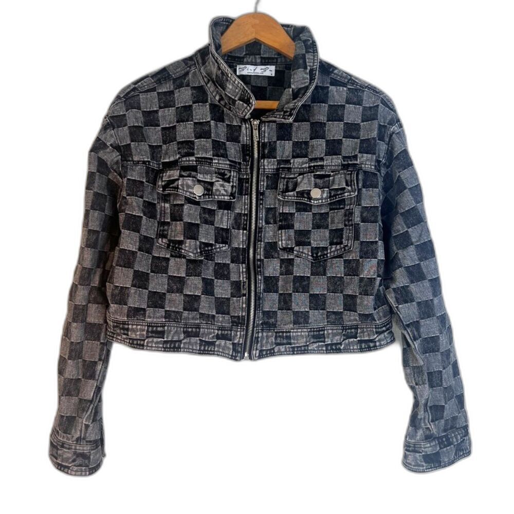 Bird Bee Cropped‎ Checkered Denim Jacket Streetwear Grunge Punk Size Medium